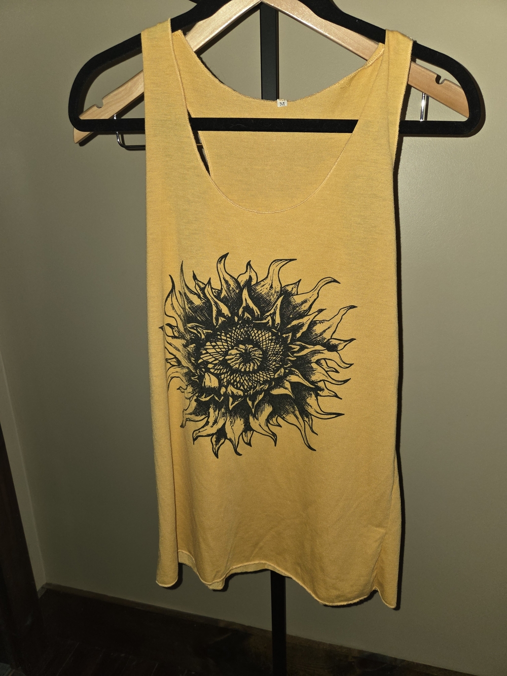 Source Unknown Yellow Tank Top with Black Sunflower Graphic